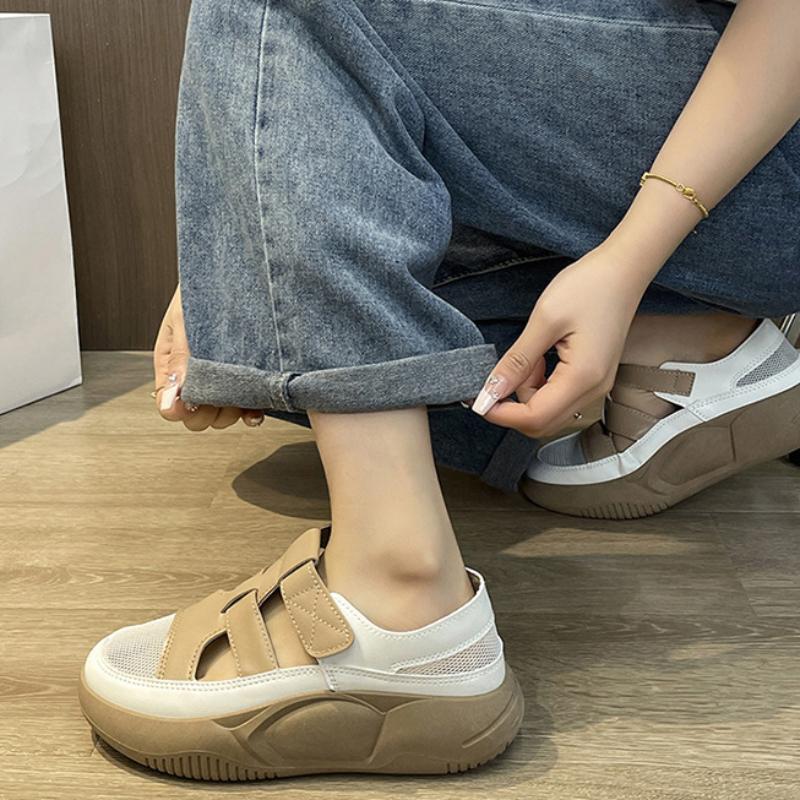 Hollow Out Summer Women's Shoes Middle Heel Waterproof Platform Sandals White Leather Thick Heels Soft Soles Half Drag Indoor