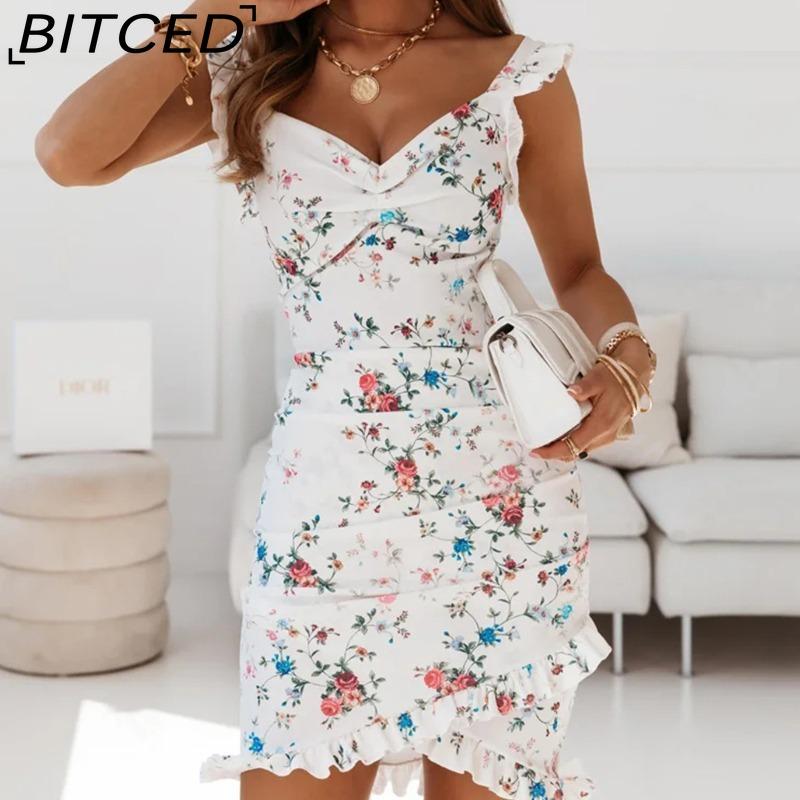 BITCED Summer Women Floral Print Butterfly Sleeve Bodycon Dress Ruffle V Neck Bandage Casual Short Sundress Female Beach Spaghetti Strap Mini Dress