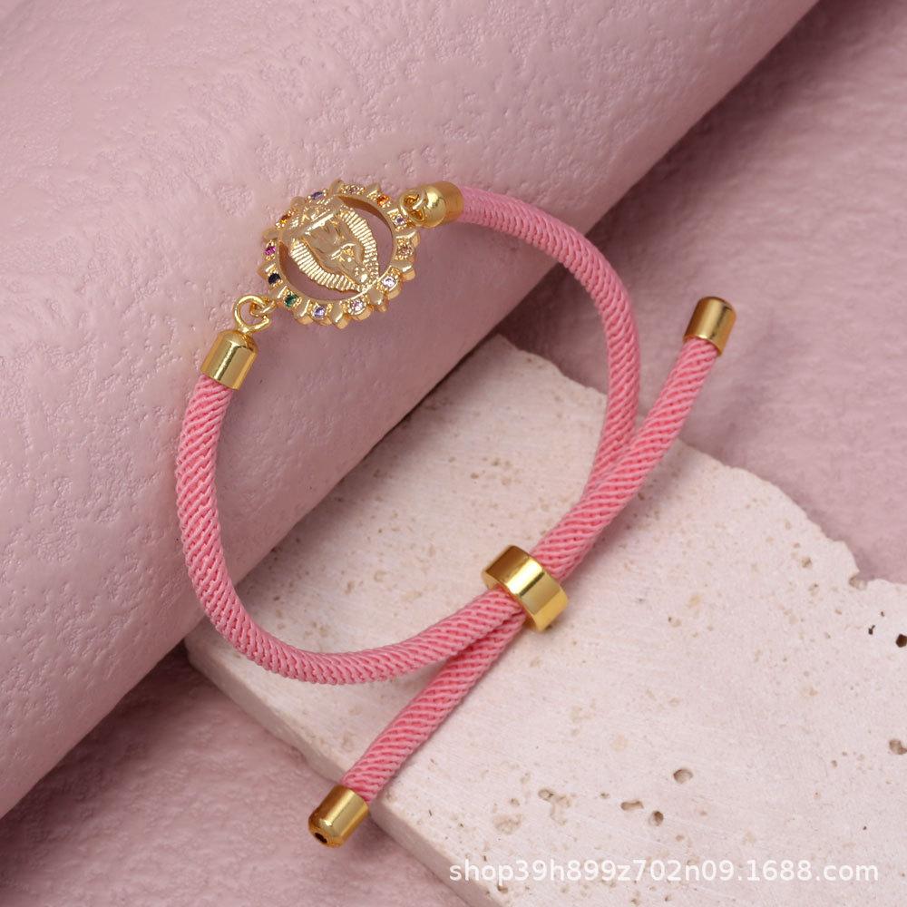 Micro-Paved Colored Zircon Madonna Bracelet with Gold-Plated Copper, Adjustable Cotton Cord.