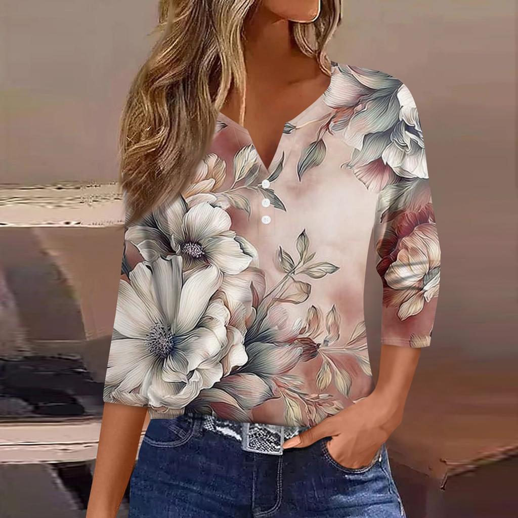 Damemote Uformelt blomstertrykk V-hals dekorativ knapp med trekvart ermet T-skjorte