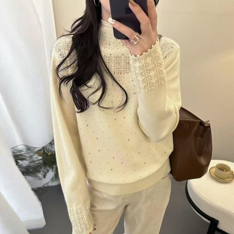 Women S Rhinestone Jacquard Half High Neck Pullover Sweater Soft Warm