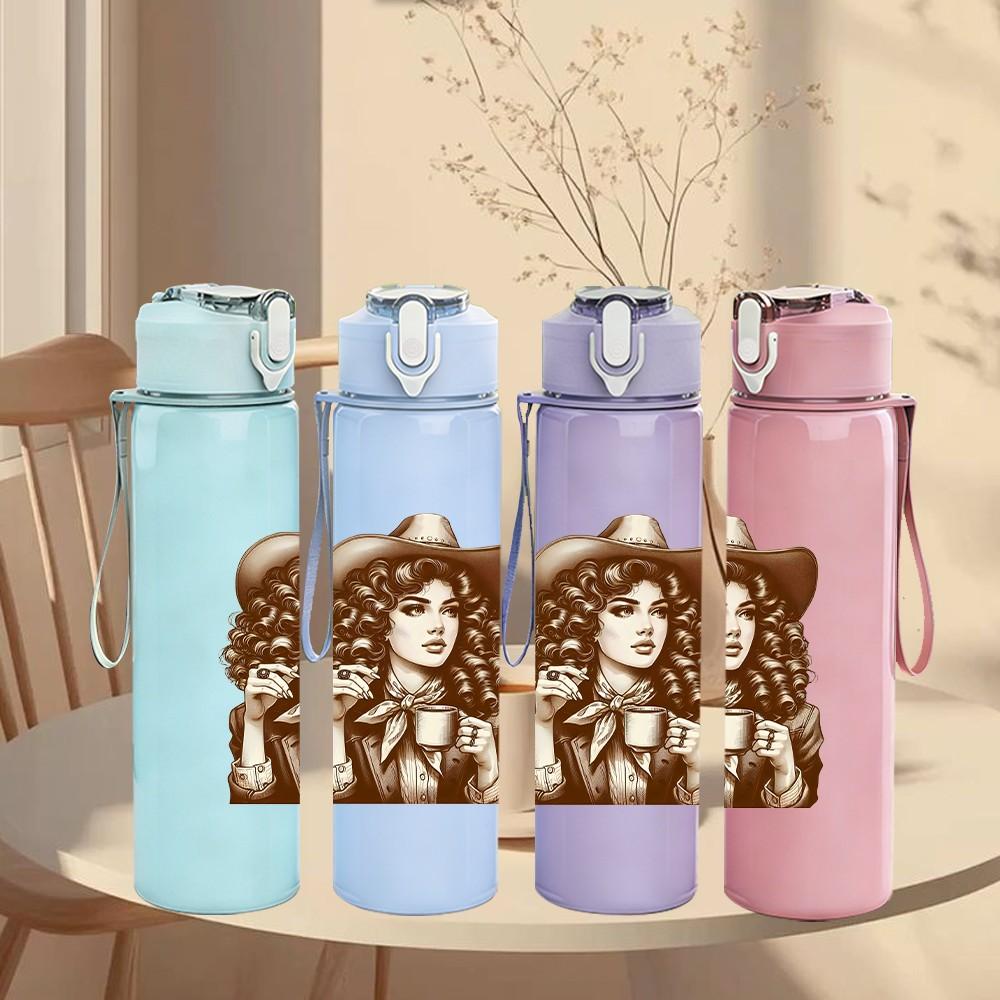 1PC Western Cowgirl Lady 750ml Color Plastic Sports Water Bottle Leakproof Flip Straw Lid Suitable for Sports Office Home Use