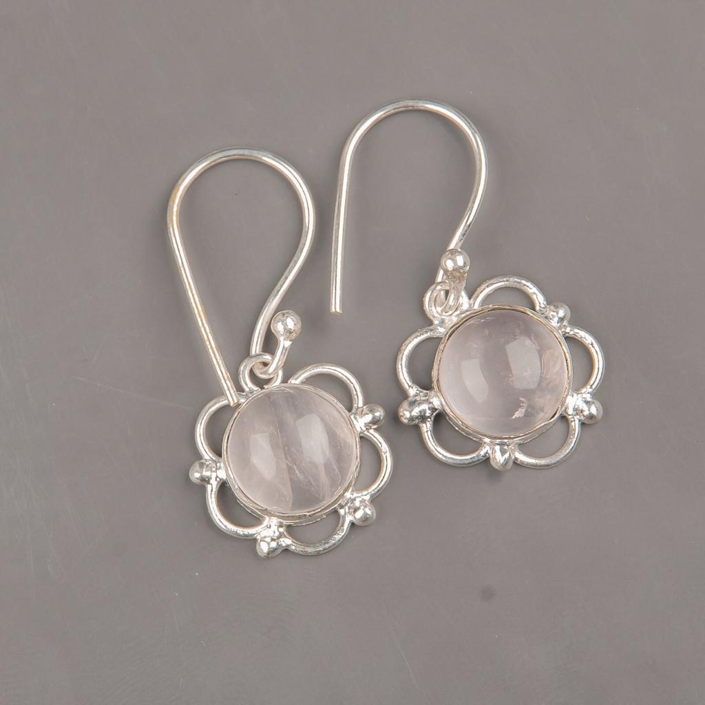 Natural Rose Quartz Gemstone 925 Sterling Silver Jewelry Handmade Earrings1.40" EE-56-19