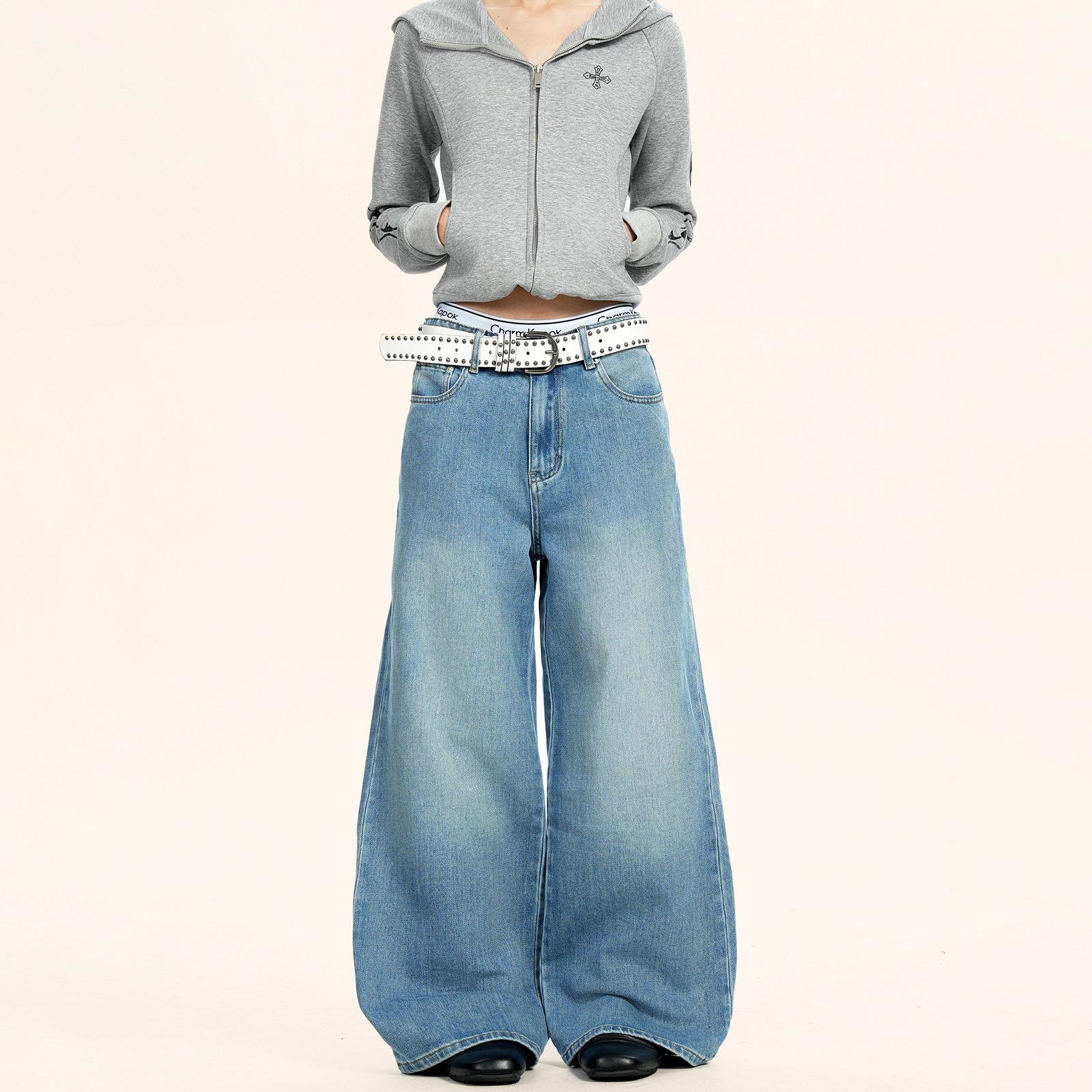 

Yongfang Unisex Casual Blue Jeans: Versatile Loose Light Wash Straight-Leg Pants Small