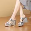 Factory Direct Sales Slope Heel Thick Bottom Leather Slippers Women's 2025 Summer Wear One Word Waterproof Table High Heel Fish Mouth Sandals