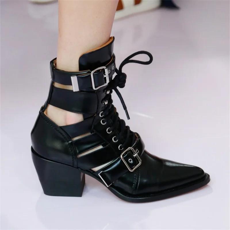 Fashion Brand Fashion Show Genuine Leather Hollow Out Women's Cool Boots Belt Buckle Pointed 6cm High Heels Fashion European American
