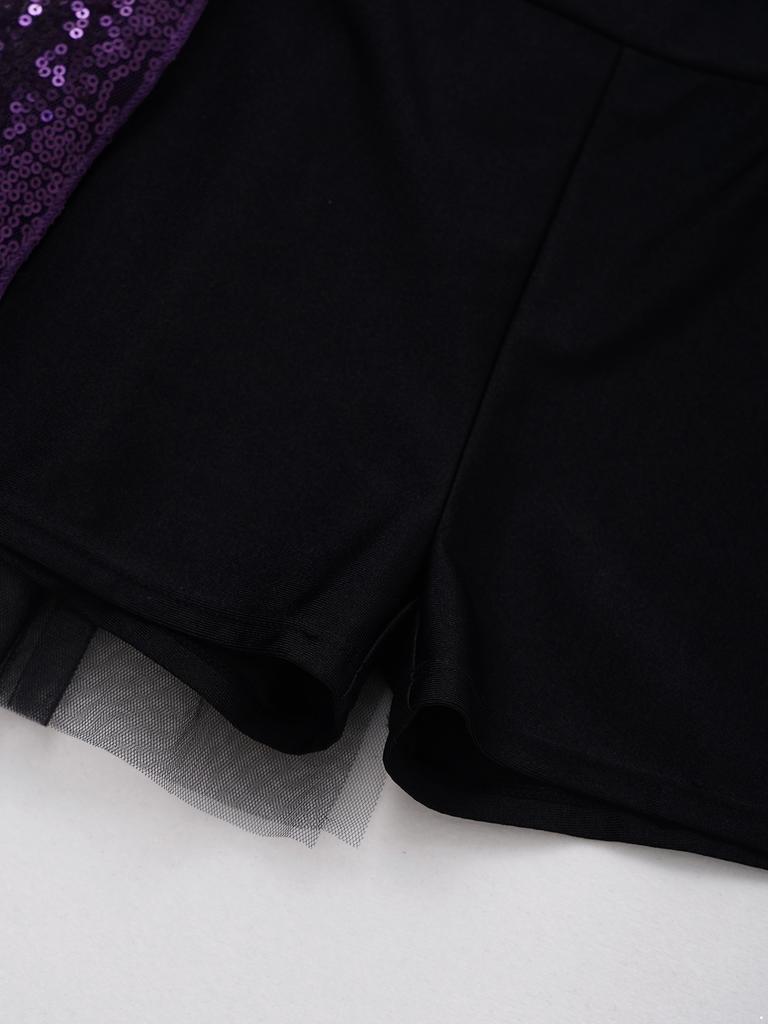 Mädchen Glitzernde Tanzbekleidung mit Rüschensaum-Design und Mesh-Patchwork-Stil