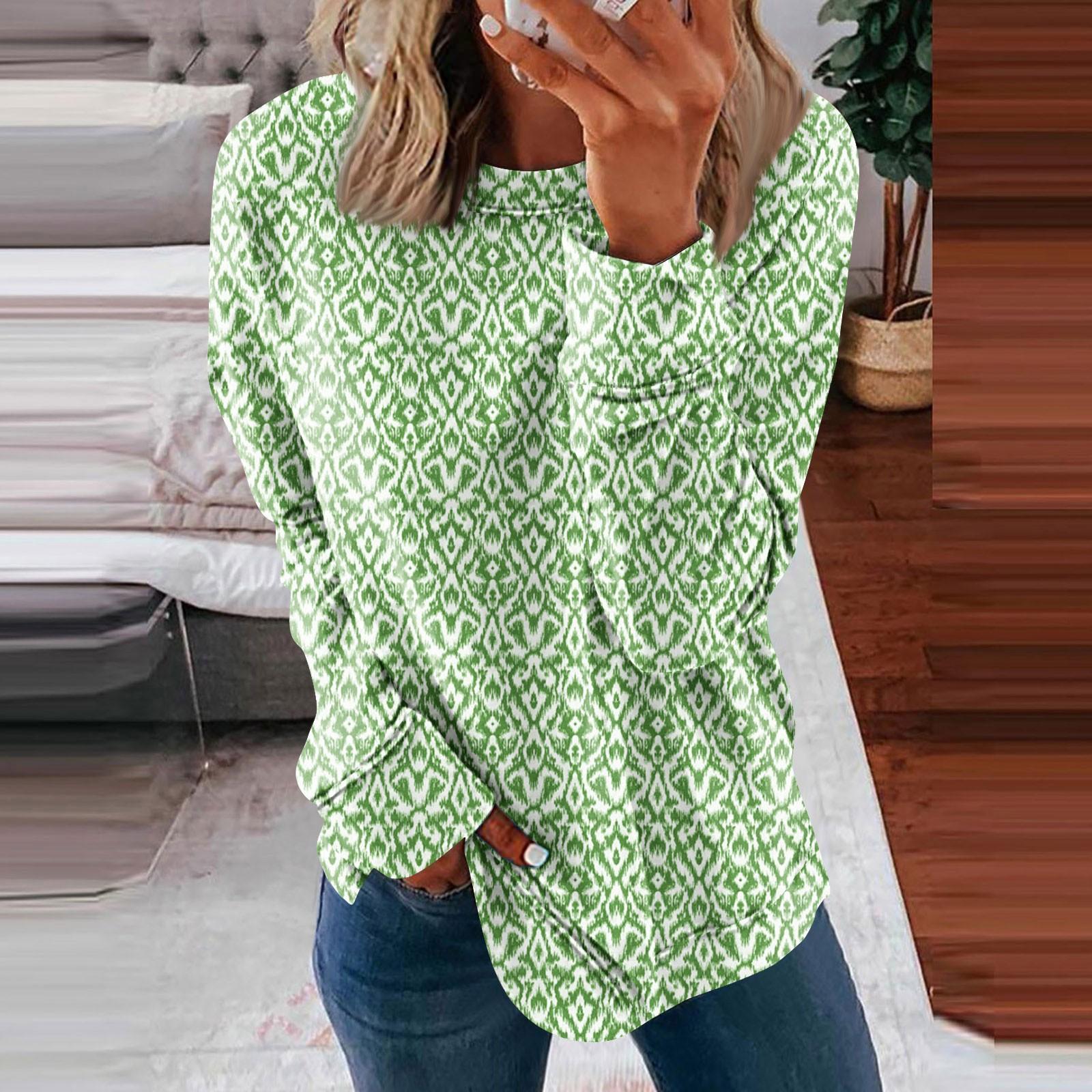 

Women s Casual Fashion Floral Print Long Sleeve O-Neck Pullover Top Blouse XXXL зелений