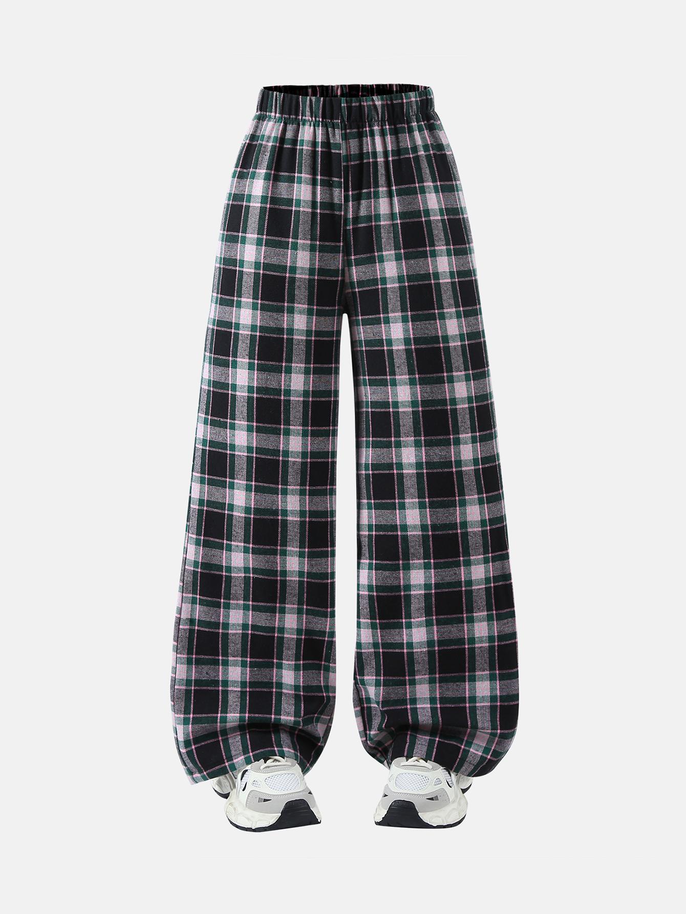 Girls Casual Wide-Leg Trousers – Retro Black, Green, and White Plaid; Elastic Waist; Loose, Slimming Fit; Comfortable Summer Style. 8Y разноцветный