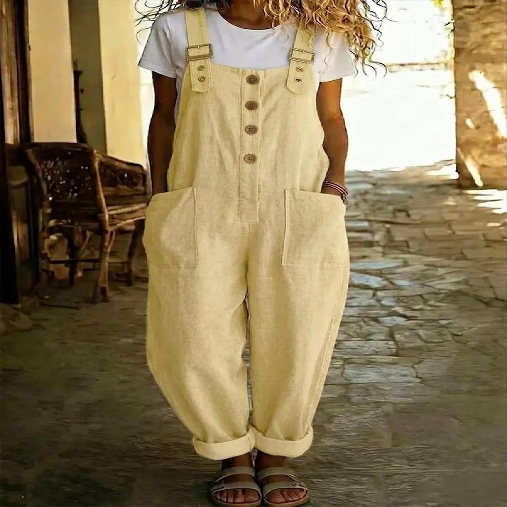2026 Cotton Linen Retro Pocket Straight-Leg Overalls for Women