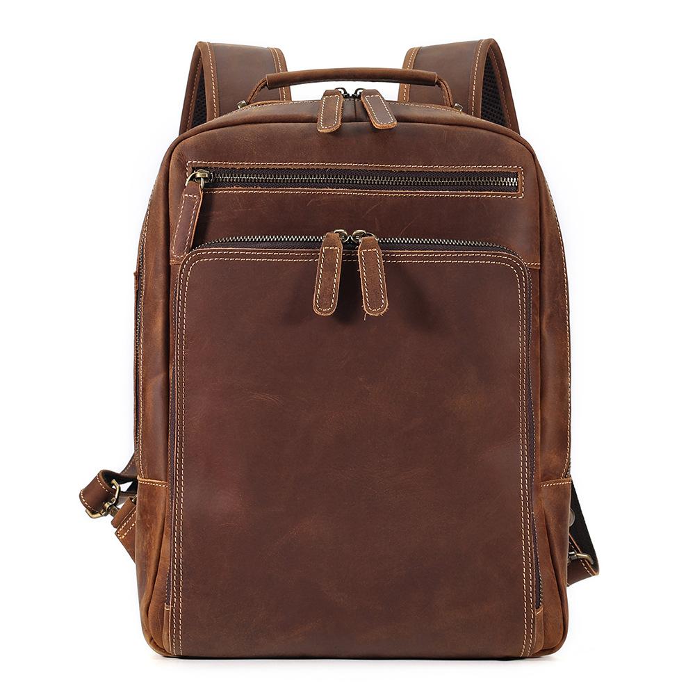 Men's Top Layer Cowhide Backpack with Large Capacity 15.6-inch Crazy Horse Leather Computer Bag and Multifunctional Backpack