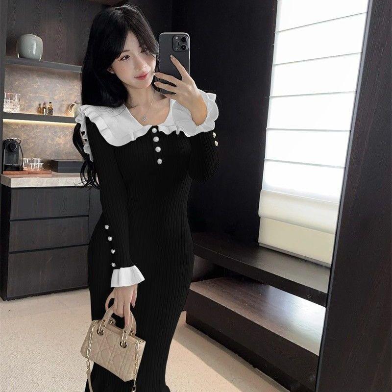 Autumn Winter Retro Ruffle Collar Knit Fishtail Dress