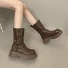2025 Autumn and Winter New Women's Shoes Medium Top Platform Casual Metal Buckle Martin Boots Heightening Fashion Thin Knight Boots