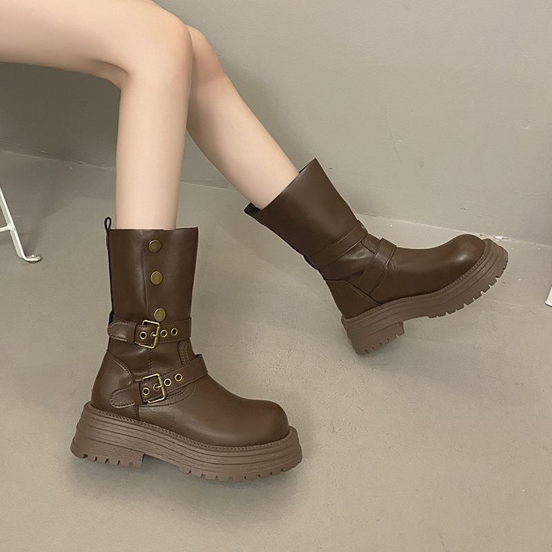 2025 Autumn and Winter New Women's Shoes Medium Top Platform Casual Metal Buckle Martin Boots Heightening Fashion Thin Knight Boots