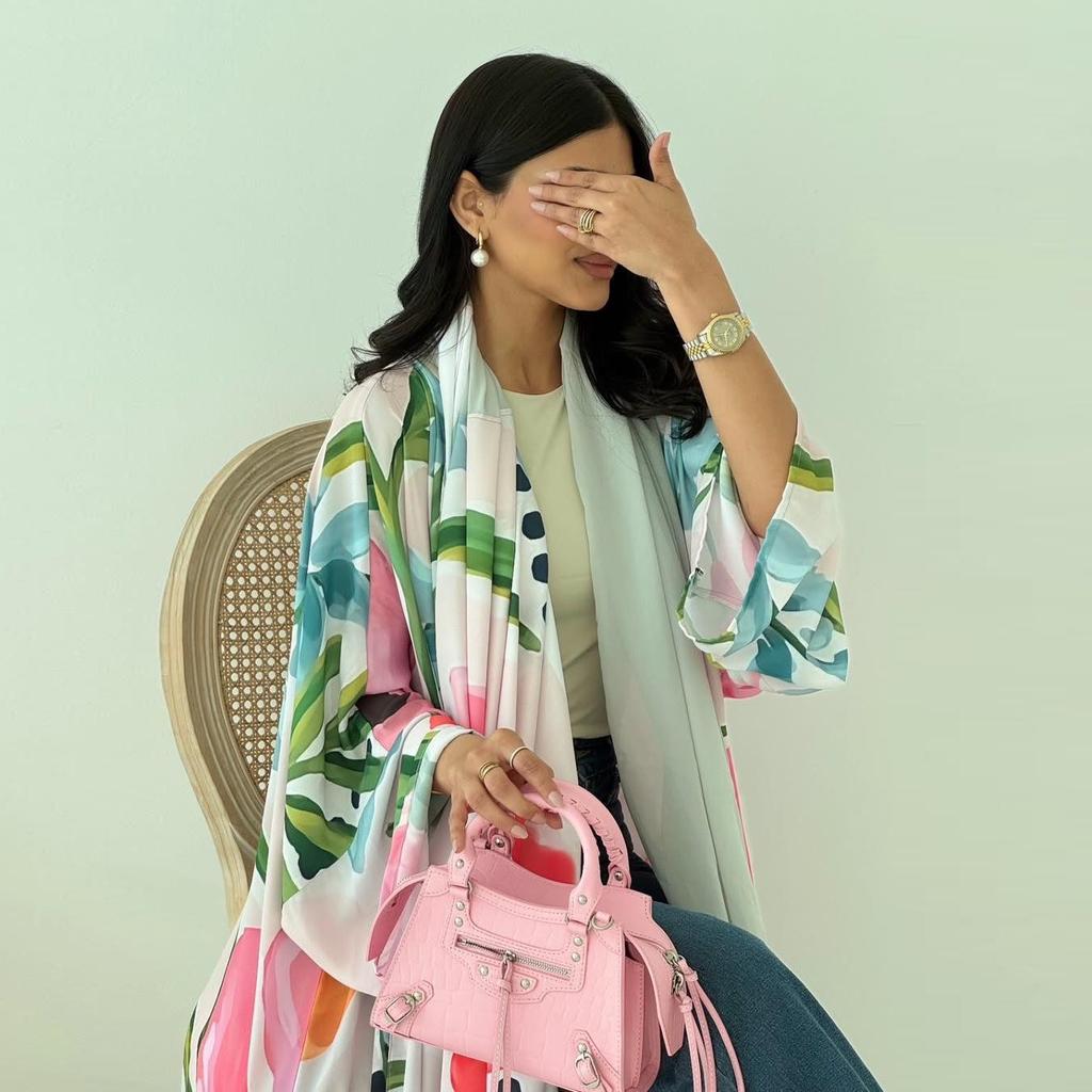 MQ244 Modest Women's Print Cardigan & Headscarf - Casual, Loose Fit for Middle East Style