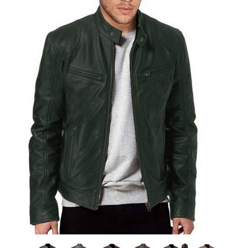 Herren Südliche Winter Multi-Pocket PU-Leder Motorradjacke mit Stehkragen und Knopf-Reißverschluss