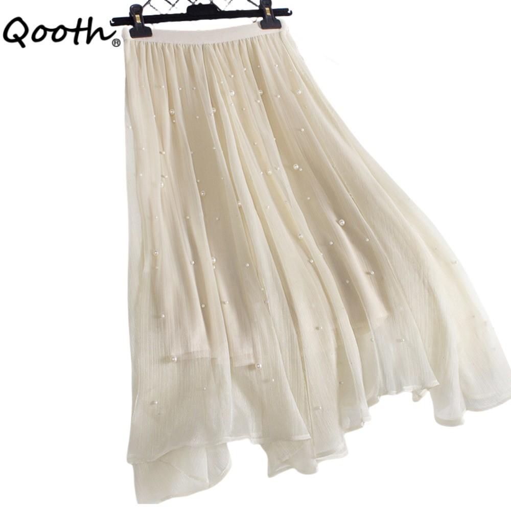 Qooth Women A Line Bead Chiffon Skirt Wide Hem Mid  Length Elastic Waist Slim Casual Skirt QT2650