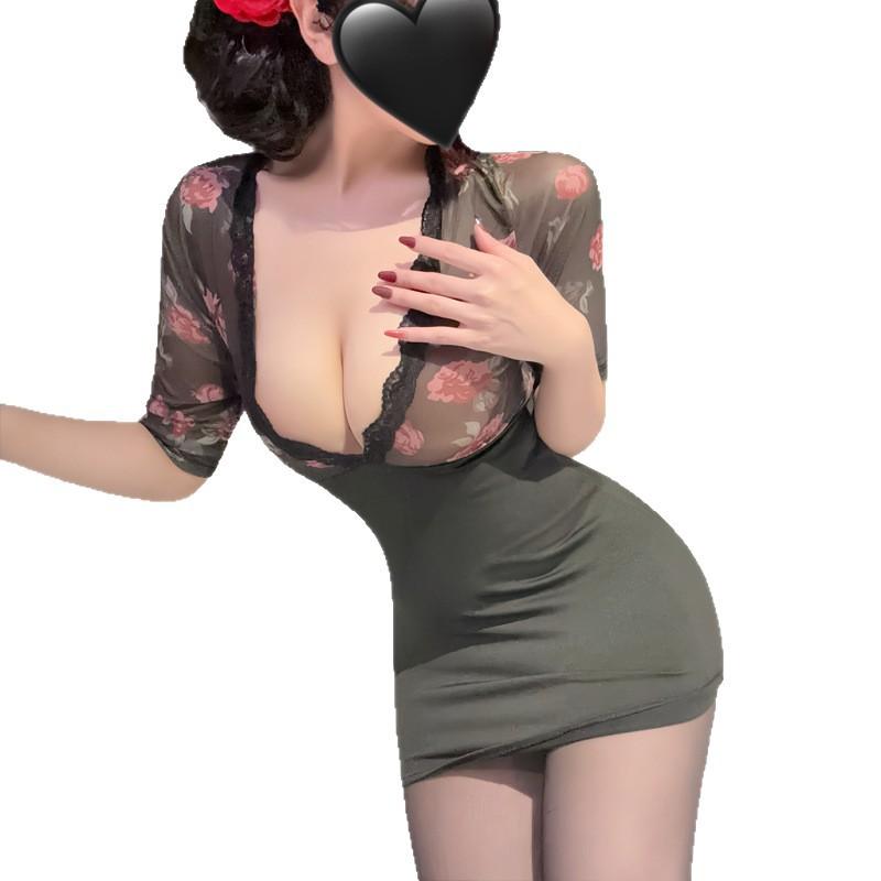 Sexy Underwear Sexy Deep V Hip Skirt Pure Desire Secretary Uniform Abstinence Women's Perspective Lace Onesie Open Crotch