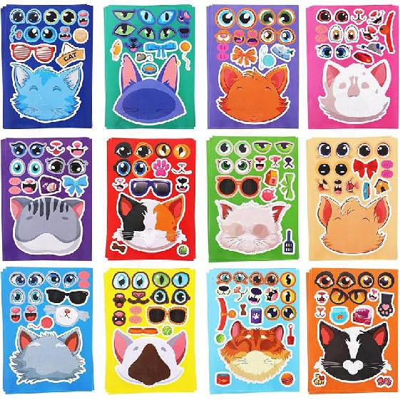 36 PCS Cat Make A Face Stickers for Kids - Make Your Own Kitten Mix and Match Sticker Sheets with Safaris - School Party Favor Supplies Craft Gifts - Cat