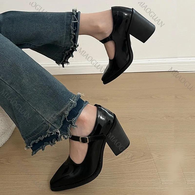 Fashion Black Pointed Thick High Heels Women's Shoes New Spring Retro Mary Jane Shallow Mouth Heels Women Belt Buckle Single Pumps Shoes