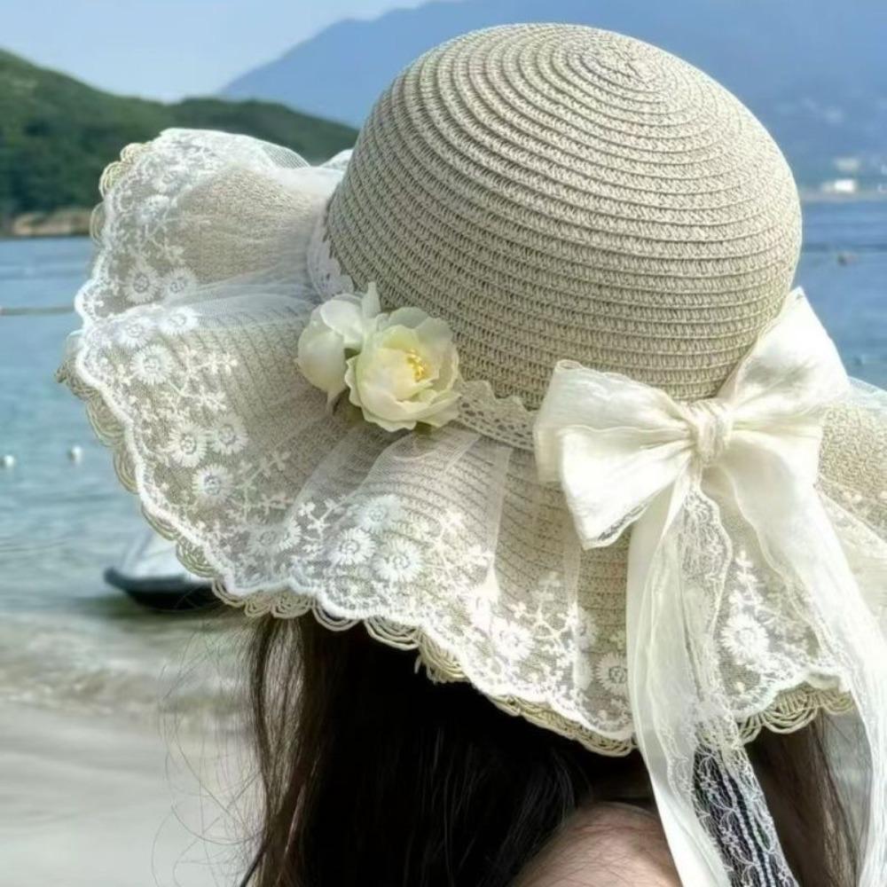 Fashion Lace Bow Sun Hat Adjustable Lace Ruffle Wide Brim Hat Breathable Straw Fisherman Cap Sun Protection