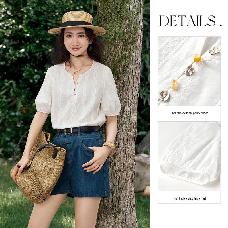 Women's V-Neck Short Sleeve Resort Style Cotton Blouse