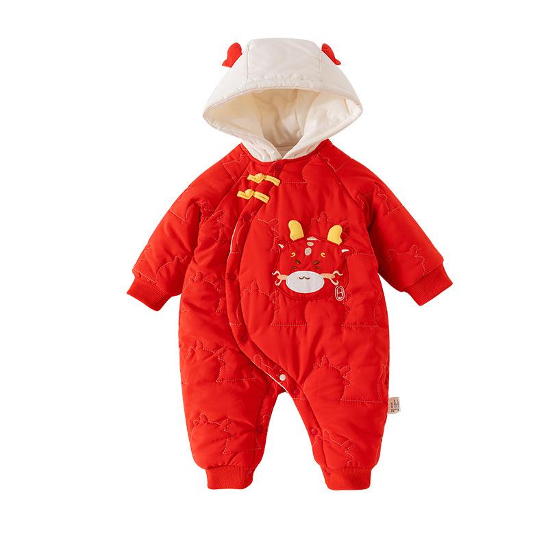 Autumn Winter Newborn Bodysuit: Thick Quilted Red Jumpsuit, Ideal for New Year and Visits