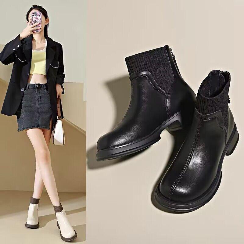 Women's Autumn/Winter 2025 British Style Real Leather Skinny Sock Boots with Back Zipper