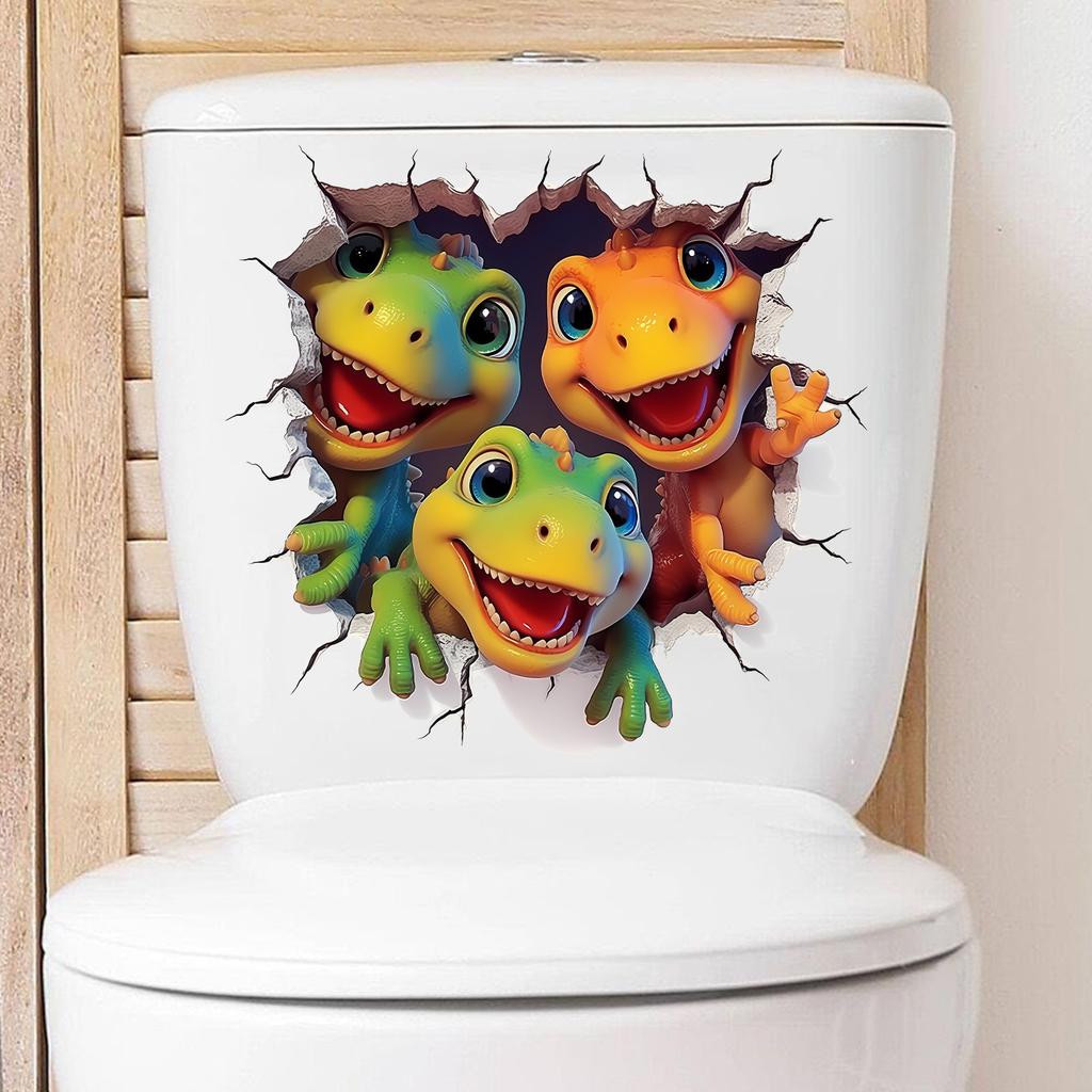 Creative 3D Breaking Wall Dinosaur Toilet & Wall Sticker Self-Adhesive Removable for Kids Bedroom Living Room Home Decor