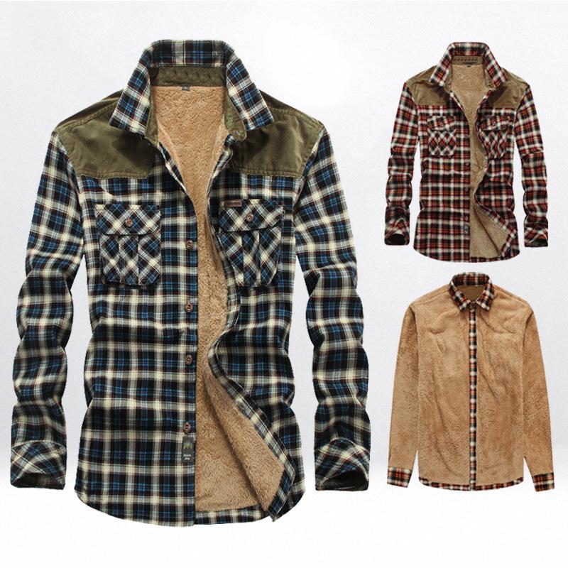Herbst- und Winter Herren Fleece Karo Langarmhemd Verdicktes Warmes Lammfleecehemd