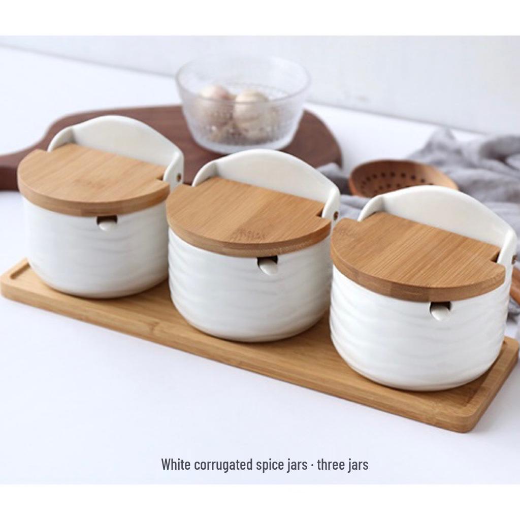 Japanese Ceramic Seasoning Jar Set with Bamboo Lids - Home & Restaurant Use