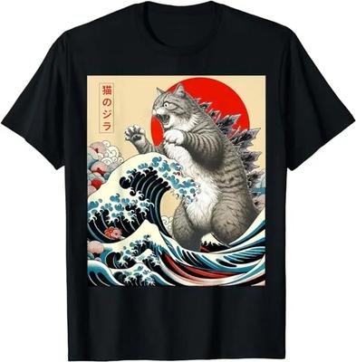 Catzilla Cat Japanese Art Funny Cat Gifts for Men Women High Quality O-Neck Short Sleeves 100% Cotton T-Shirt Tops