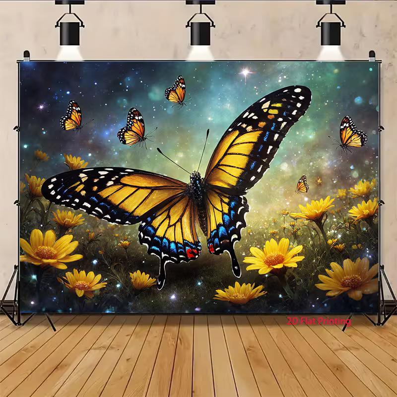 2D Nature Butterfly Tapestry, Monarch & Yellow Flower Galaxy Wall Decor