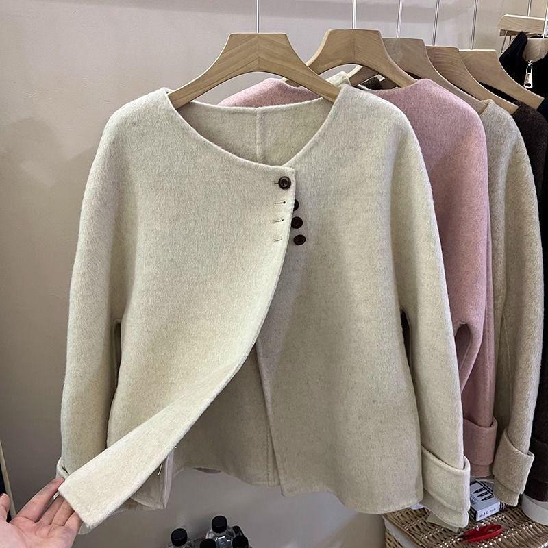 

Design-Sense Off-White Wool Coat - Petite, Loose Fit, Korean Style for Autumn & Winter XL (up to 130 jin)