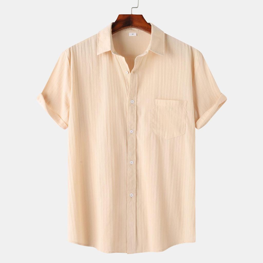 2025 Summer European & American Men's Waffle Short Sleeve Solid Color Casual Shirt