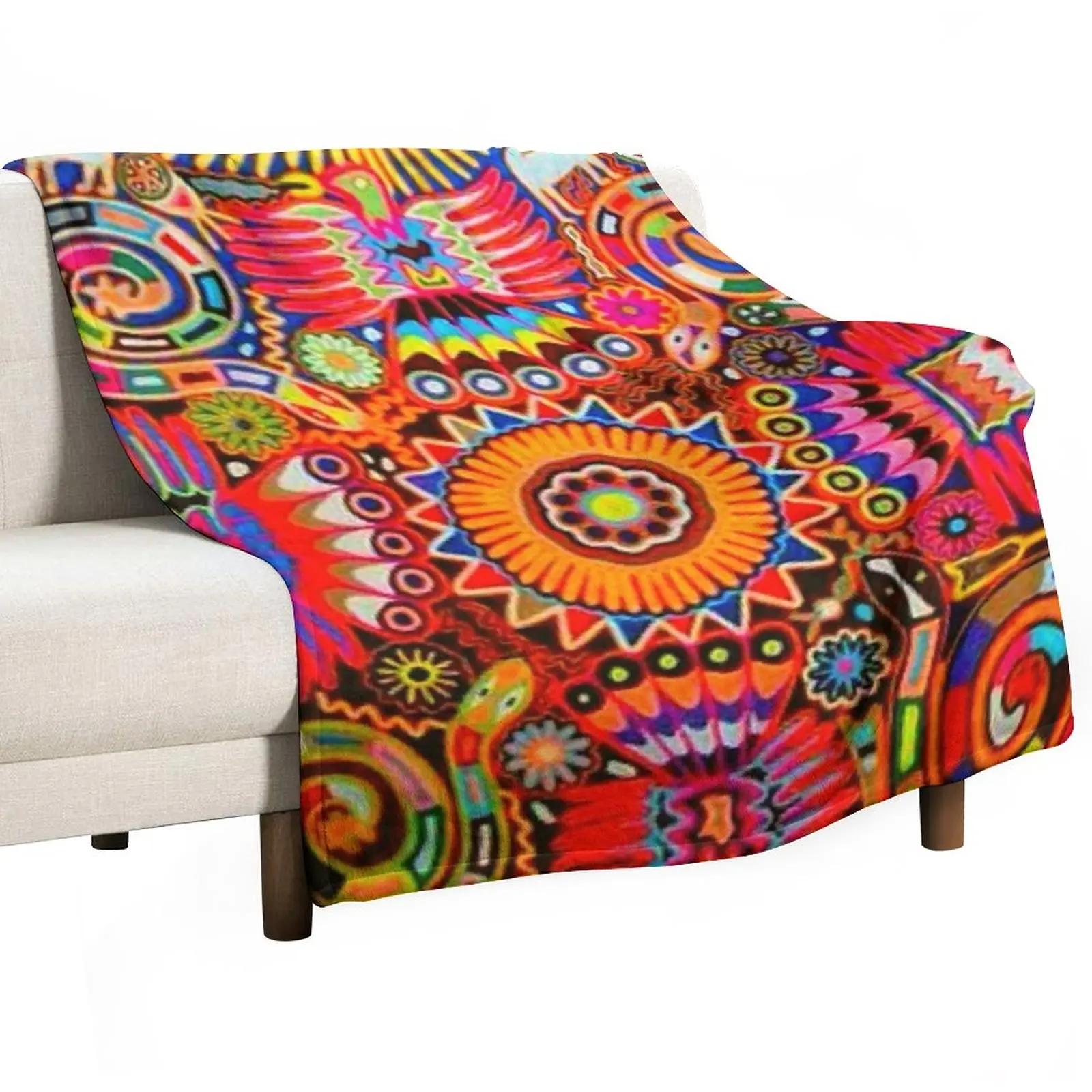 Jessica Chen Unisex Mexican Colorful Huichol Mexican Blanket Design Large Cozy King Size Vintage Folk Art - Throw Blanket Nap Blanket