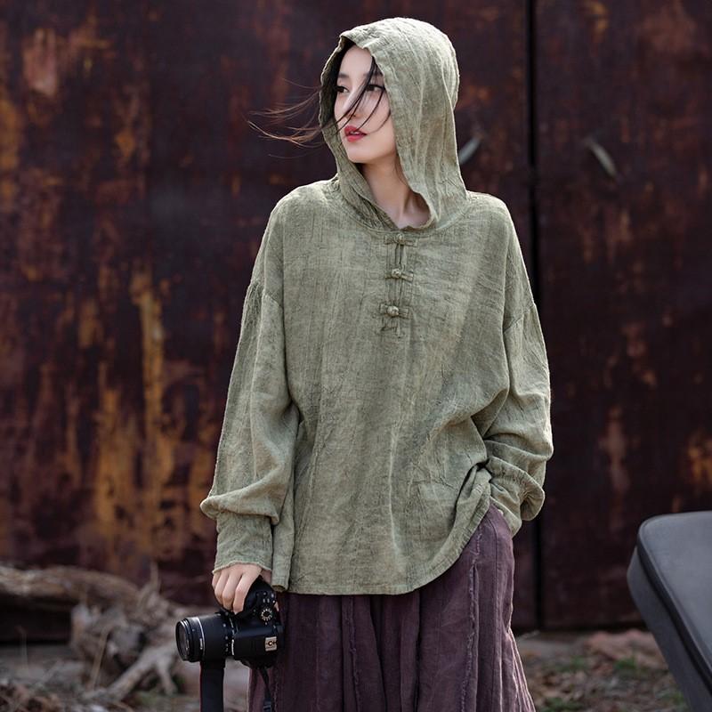 

Johnature женские футболки с капюшоном и длинными рукавами на пуговицах, весенние женские футболки в китайском стиле с принтом тай-дай One Size зелёный