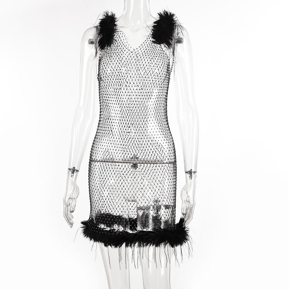 New women's clothing perspective sexy V-neck suspender Mao Mao dress fishing net flash diamond Spice girl hip skirt