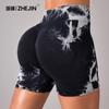 Sports shorts peach hip-lifting pants high waist tight belly yoga fitness pants tie-dye tie-bleach sports tight shorts