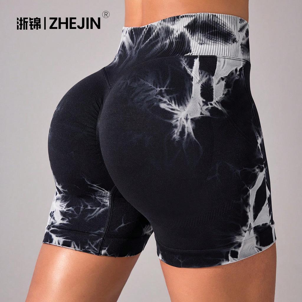 Sports shorts peach hip-lifting pants high waist tight belly yoga fitness pants tie-dye tie-bleach sports tight shorts