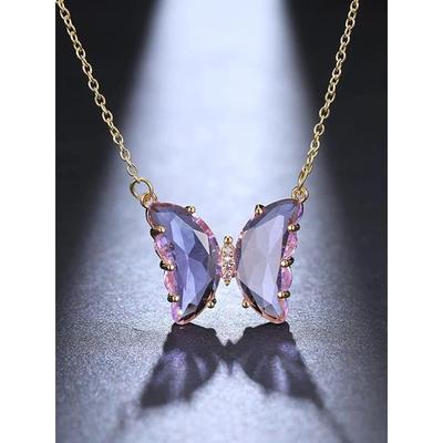 Charming Gold Plated Purple Crystal Butterfly Pendant Necklace For Women and Girls