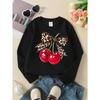 Girls Soft Crewneck SweatshirtLeopard Print Bow Cherry Design with Cute Creative Print, Casual All-Match for Fall Winter, Ideal Holiday Present