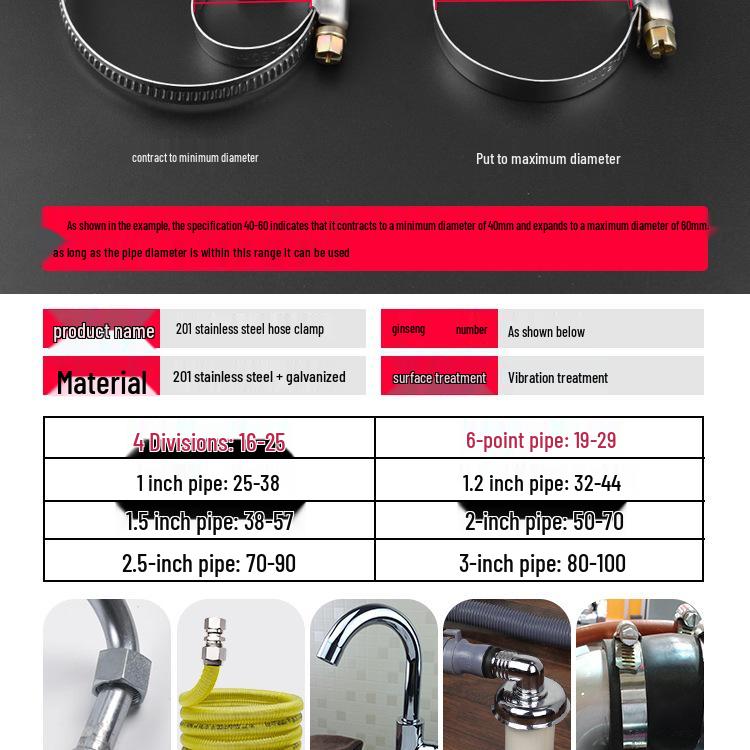 201 Stainless Steel Hose and Pipe Clamp for Water Pipes, Range Hoods, Washing Machines, and Gas Pipes