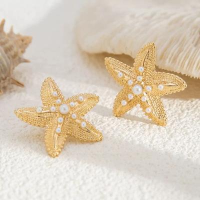 Summer Ocean Vacation Style Star-shaped Texture Earrings with Small and Simple Pearl Design - Stylish and Unique Jewelry Accessory