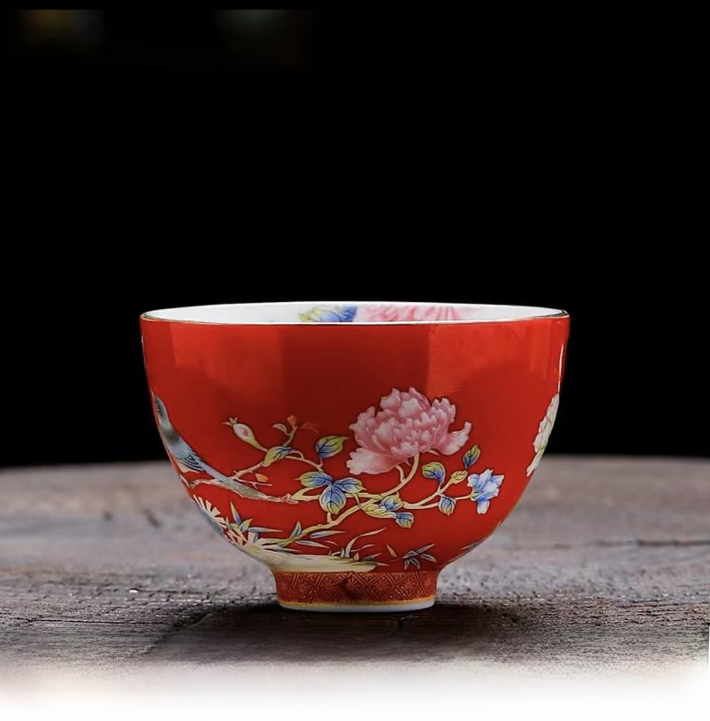 Enamel Color Ceramic Tea Cup Gongfu Tea Set Home Use Drinking Cup Style Peony Handmade Craft High Temperature Glaze