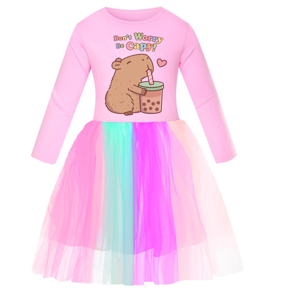 Girls star rainbow lace copybara print dress