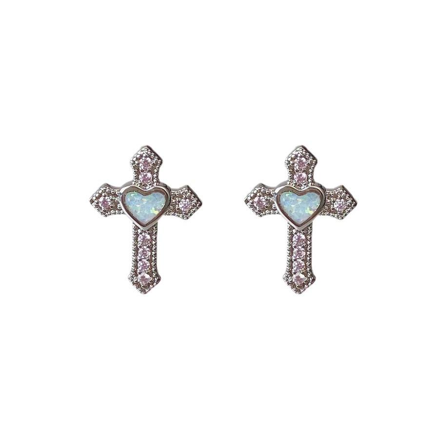 Gothic Punk Rhinestones Cross Stud Earrings for Women Men Personality Hip-Hop Heart Crystal Earrings Statement Jewelry Gifts