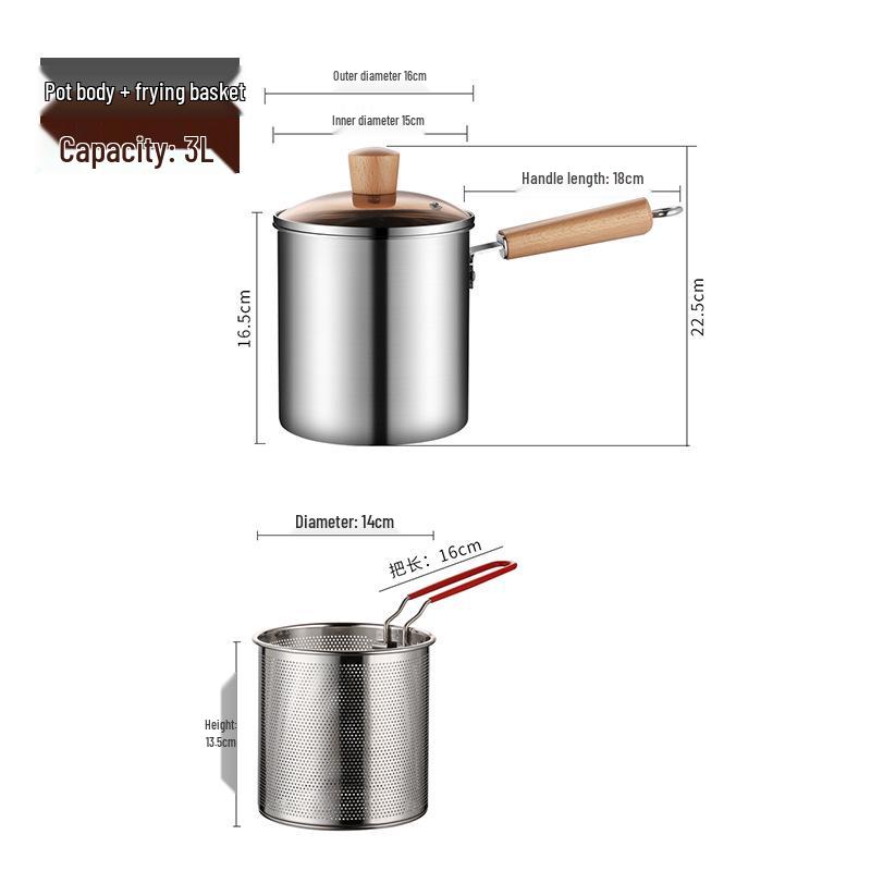 304 Stainless Steel Deep Fryer with Wooden Handle and Filter Basket for Induction Cooker