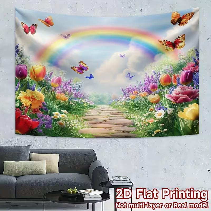 

2D Spring Rainbow Backdrop, Colorful Garden with Tulips & Butterflies Background for Outdoor Themed Events 47.2x31.5inch/120*80cm
