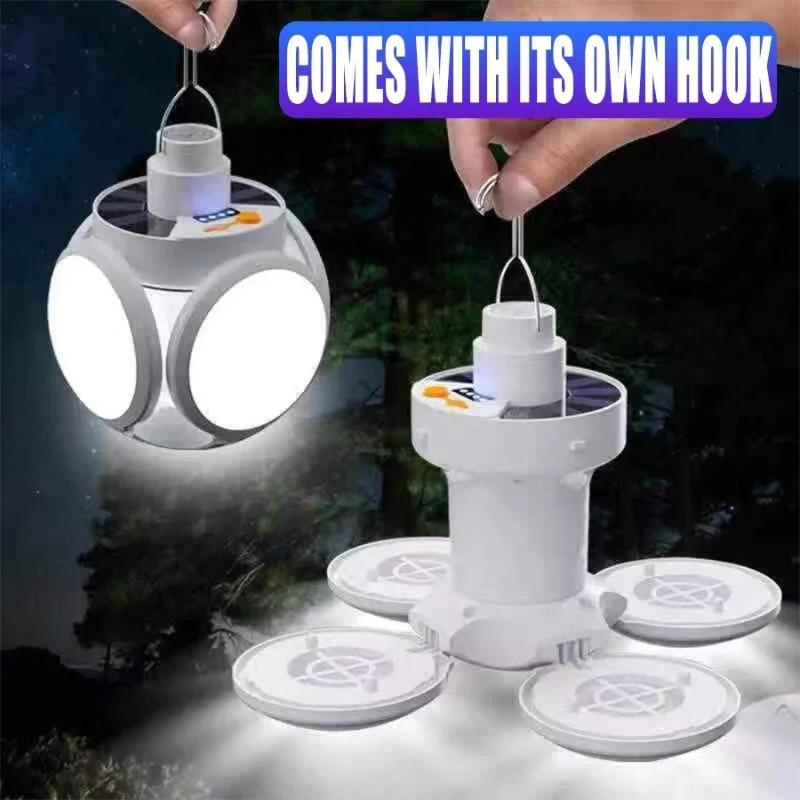 Portable Solar Camping Lantern LED Rechargeable Hanging Tent Lamp, Foldable Football Bulb with Hook Emergency Light for Outdoor Hiking Fishing